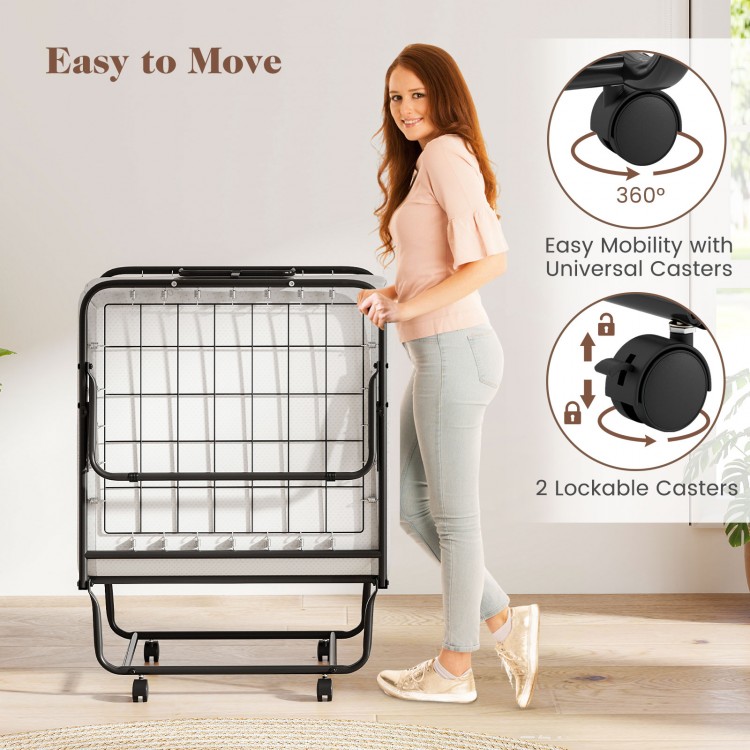 Folding bed frame with memory foam mattress, featuring a heavy-duty metal frame and 360° mobility for easy storage.