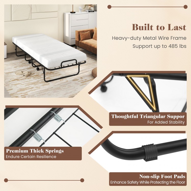 Cot size folding bed frame with memory foam mattress, heavy-duty metal frame, and non-slip foot pads for stability.