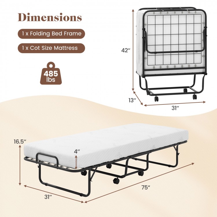 Folding bed frame with memory foam mattress, heavy-duty metal construction, and wheels for easy mobility, ideal for.