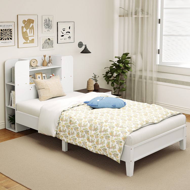 Twin size wooden platform bed frame with white finish and bookcase headboard for storage and modern decor.