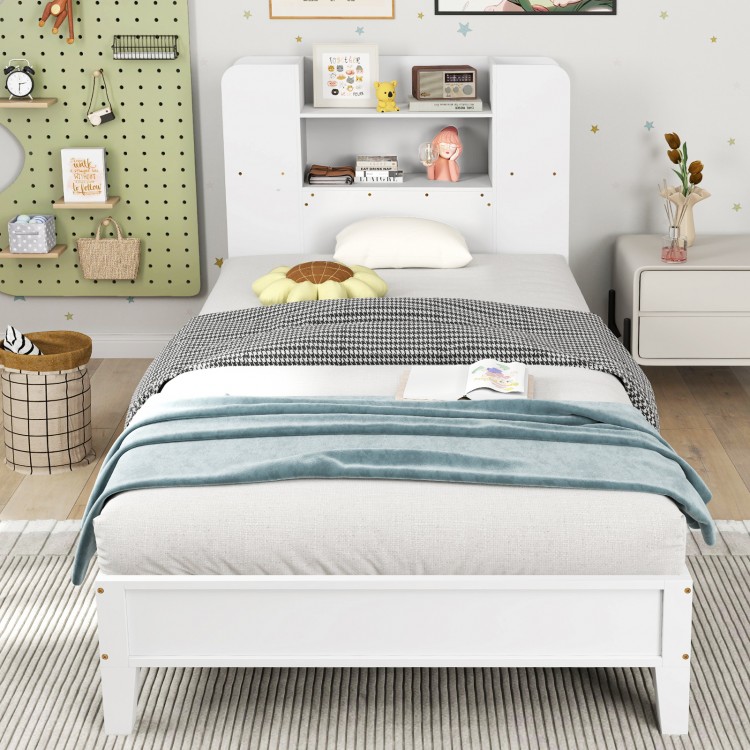 Twin size wooden platform bed frame in white with bookcase headboard, featuring storage shelves and a modern design.
