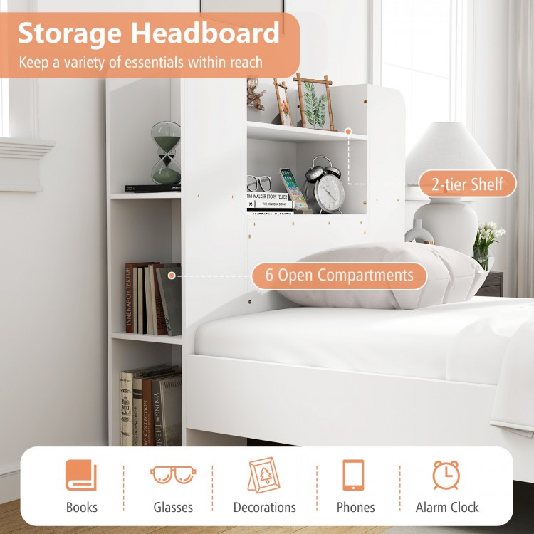 Twin size wooden platform bed frame with white bookcase headboard featuring 2-tier shelf and 6 open compartments for.
