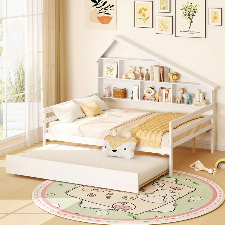 House-shaped full size daybed in white with twin size trundle, showcasing a cozy setup and inviting children's decor.