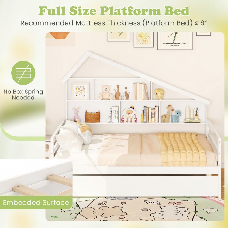 House-shaped full size daybed in white with twin size trundle, featuring embedded surface and sturdy wood structure.