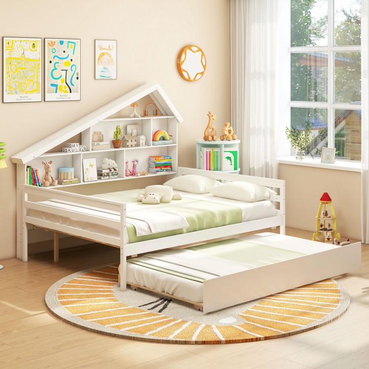 House-shaped full size daybed in white with twin size trundle and storage cubes, ideal for children's rooms.
