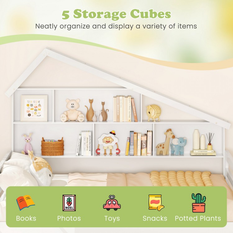 House-shaped daybed with twin size trundle and 5 storage cubes for organizing toys, books, and snacks in white.
