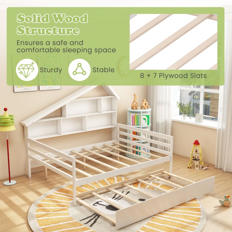 House-shaped full size daybed in white with twin size trundle, featuring solid wood structure and 15 plywood slats.