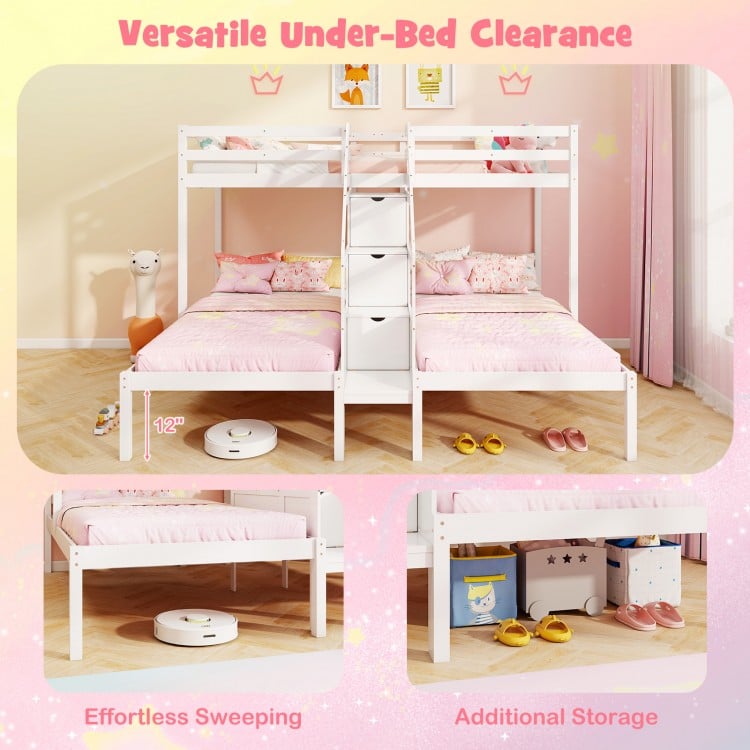 Twin over twin bunk bed in white with storage staircase and guardrails, featuring under-bed clearance for easy cleaning.