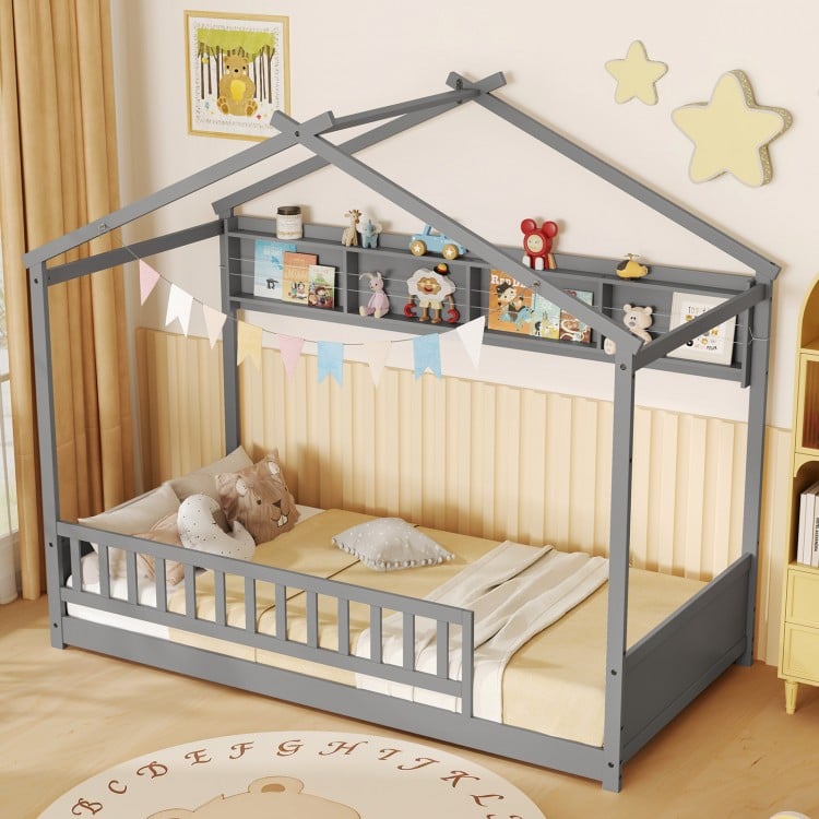 Twin size gray house bed with storage shelf, safety guardrails, and headboard for children's room decor and.