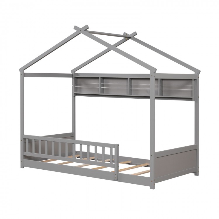 Twin size gray house bed with storage shelf, headboard, and safety guardrails for secure sleeping and organization.