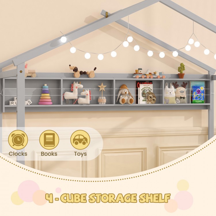 4-cube storage shelf in gray for clocks, books, and toys, featuring a house-shaped design and safety guardrails.