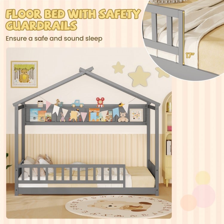 Twin size house bed in gray with safety guardrails and storage shelf for a safe and stylish children's room.