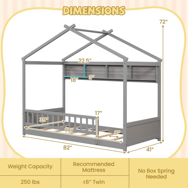 Twin size house bed in gray with storage shelf, headboard, and safety guardrails; no box spring needed.