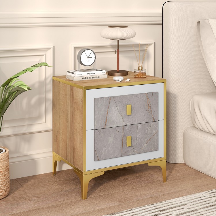 Nightstand with 2 pull-out drawers featuring elegant marble motifs and sturdy metal legs, perfect for bedroom.