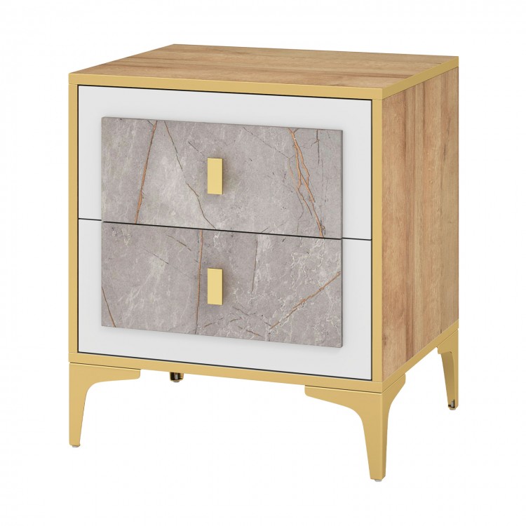 Nightstand with 2 pull-out drawers, elegant marble motifs, and gold metal legs, perfect for bedroom or living room use.