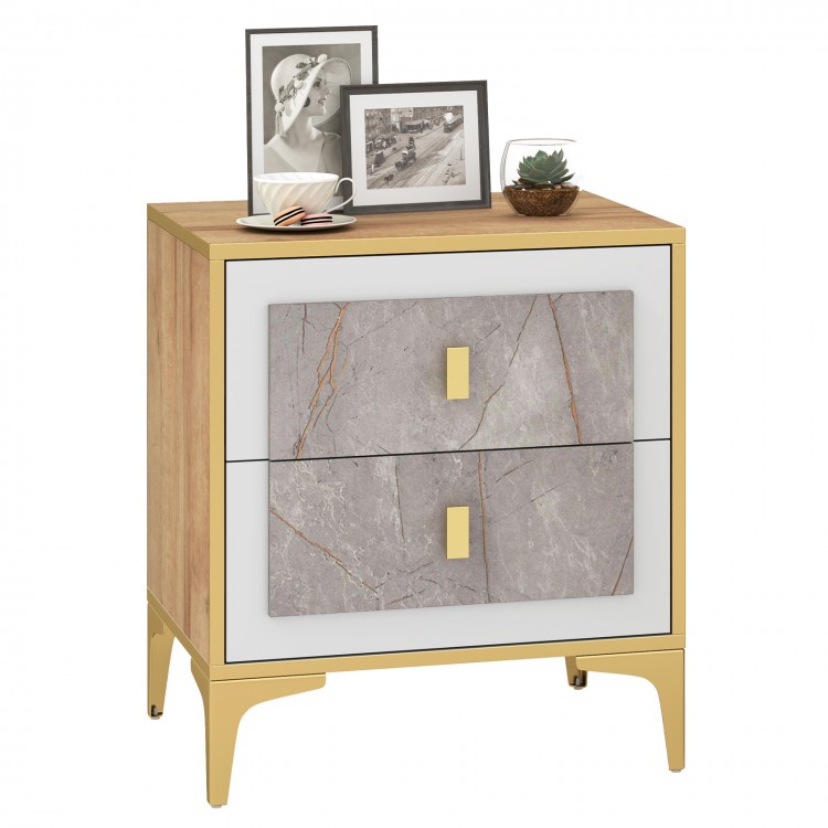 Nightstand with elegant marble motifs, two pull-out drawers, and sturdy metal legs for bedroom or living room use.