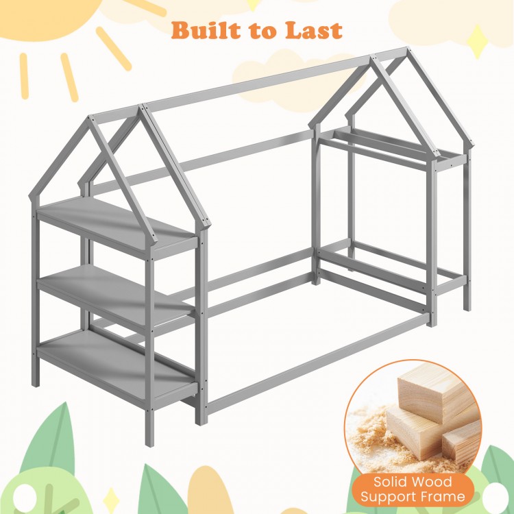 Twin size Montessori floor house bed in grey with detachable storage shelves and solid wood support frame for kids'.