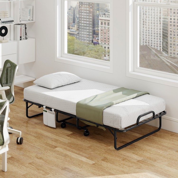 Twin size folding bed with a 5-inch mattress, showcasing U-shaped legs and a side pocket for convenient storage.