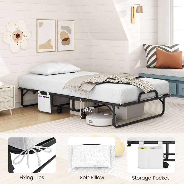 Twin size folding bed with 5-inch mattress, featuring a heavy-duty metal frame and side storage pocket for convenience.