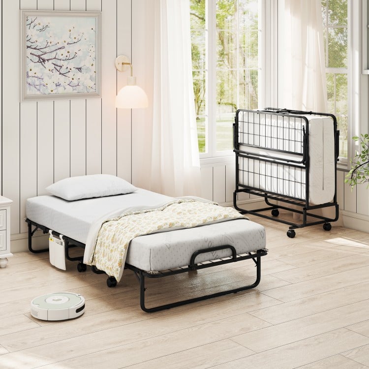 Twin size folding bed with 5-inch foam mattress, compact design, and heavy-duty metal frame for guest room convenience.