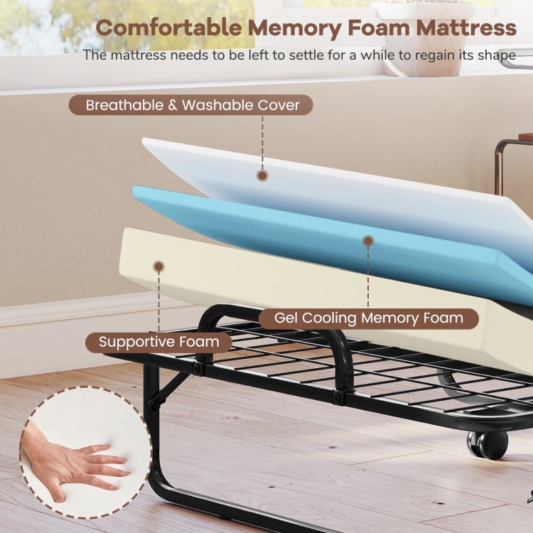Twin size folding bed with a 5-inch gel cooling memory foam mattress and breathable cover for enhanced comfort.