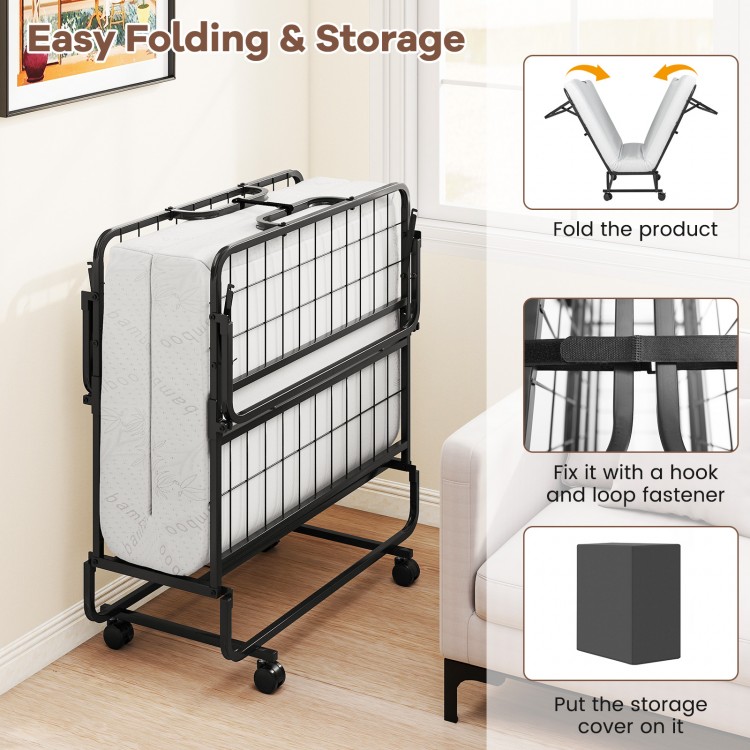 Twin size folding bed with 5-inch mattress, compact design, and protective cover for easy storage and mobility.
