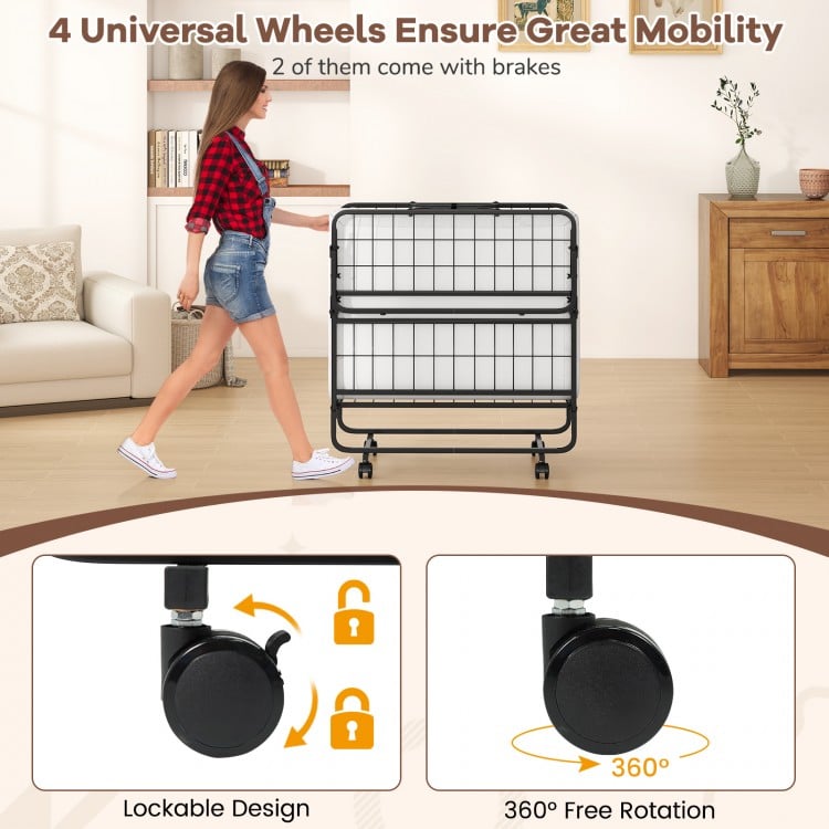 Twin size folding bed with 5-inch foam mattress, featuring 4 universal wheels for easy mobility and lockable design.