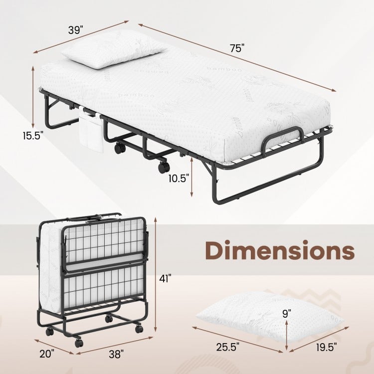 Twin size folding bed with 5-inch foam mattress, compact design, heavy-duty metal frame, ideal for guest rooms.