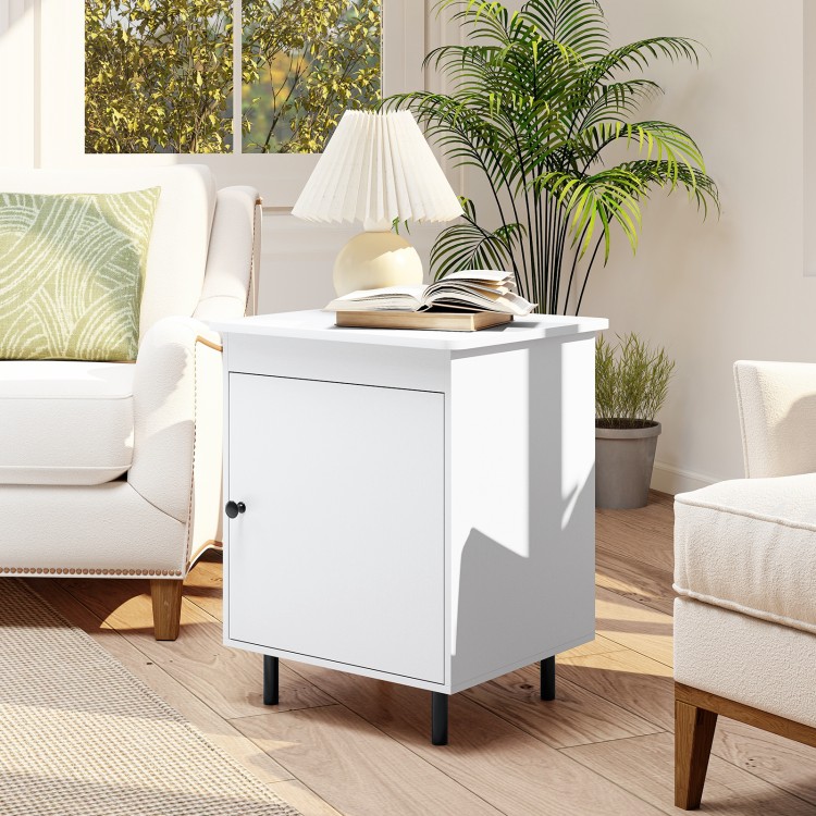 Mid-century white nightstand with door, ample storage, and open tabletop for living room or bedroom use.