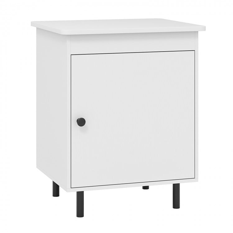 White mid-century nightstand with a door, ample storage, and four metal legs for living room or bedroom use.