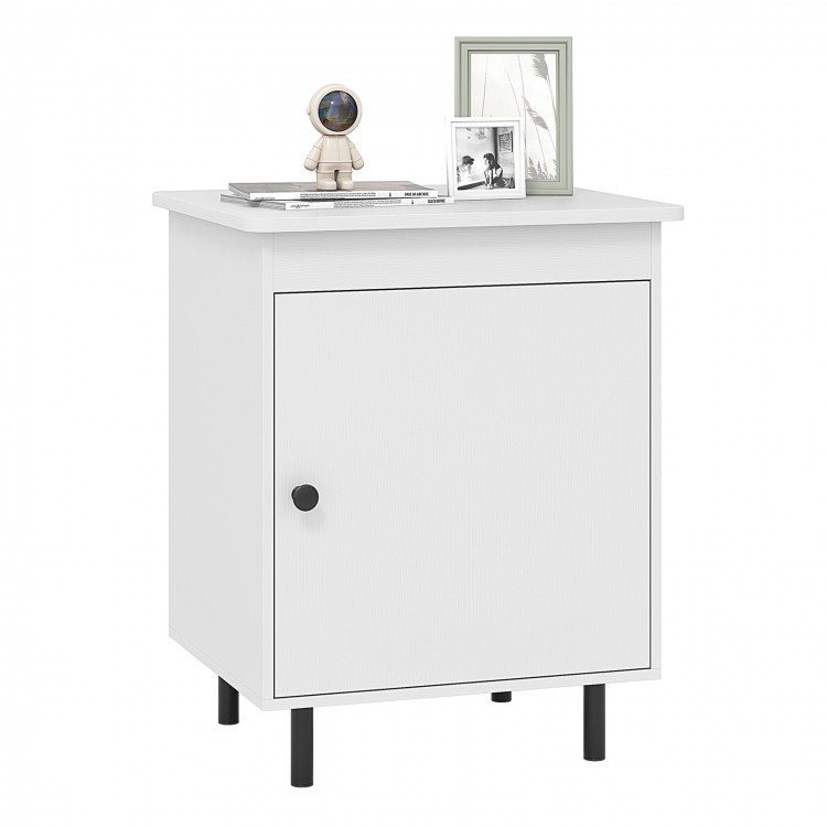 White nightstand with a door, featuring a sleek finish and ample storage, perfect for living rooms and bedrooms.