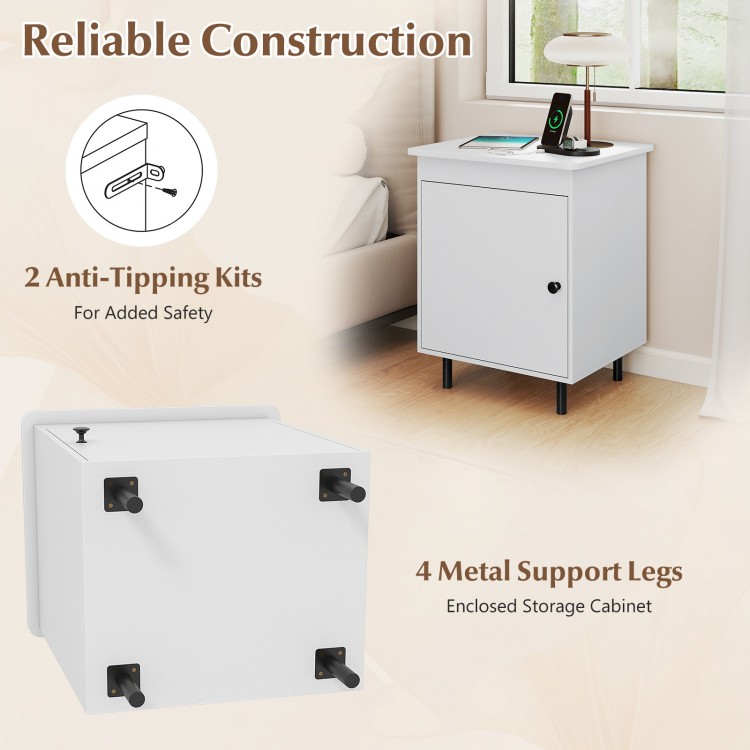 Mid-century nightstand with enclosed storage cabinet, 4 metal support legs, and anti-tipping kits for safety.
