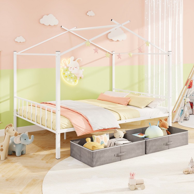 Full size white metal house bed with two fabric drawers, designed for kids' rooms, featuring a charming and stable.