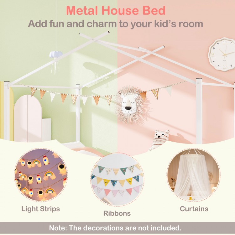 Full size white metal house bed with two fabric drawers, designed for kids' rooms, enhancing charm and organization.