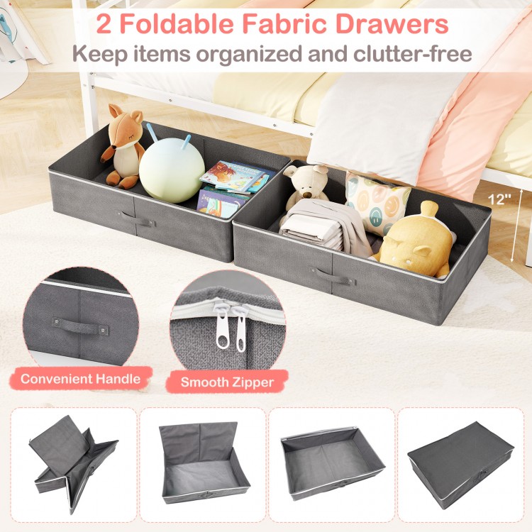 Two foldable fabric drawers in gray with convenient handles and zippers for organizing kids' room items.