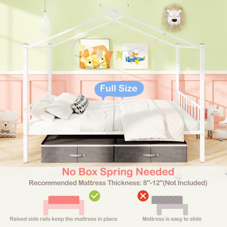 Full size metal house bed in white with two fabric drawers, designed for kids' rooms, no box spring needed.