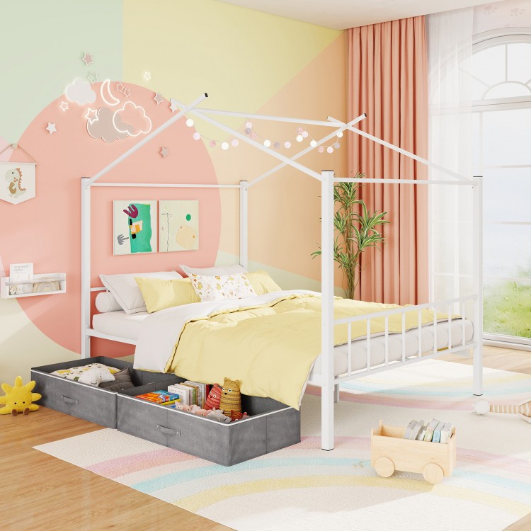 Full size white metal house bed with two fabric drawers, perfect for kids' rooms, featuring a fun design and sturdy.