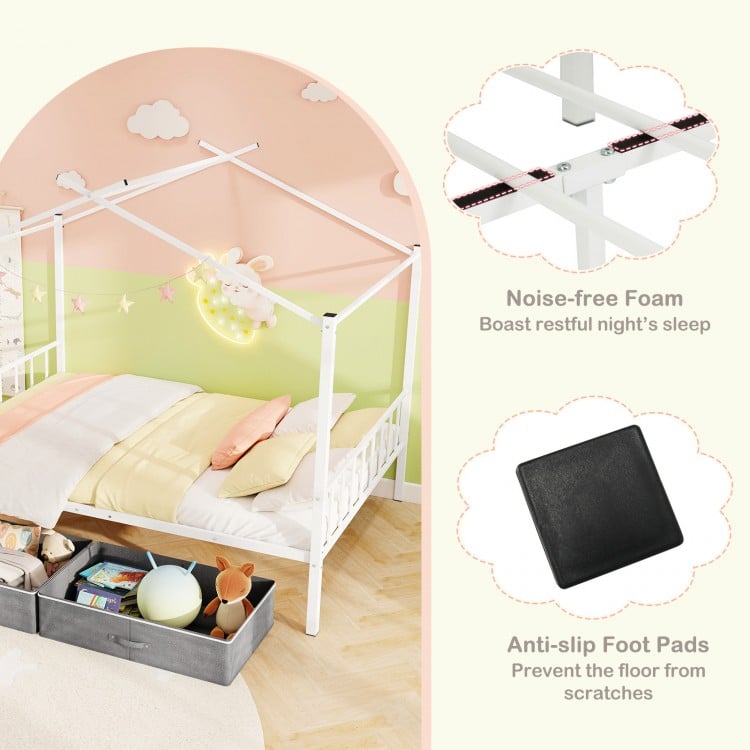 Full size metal house bed in white with two fabric drawers, featuring noise-free foam and anti-slip foot pads for.