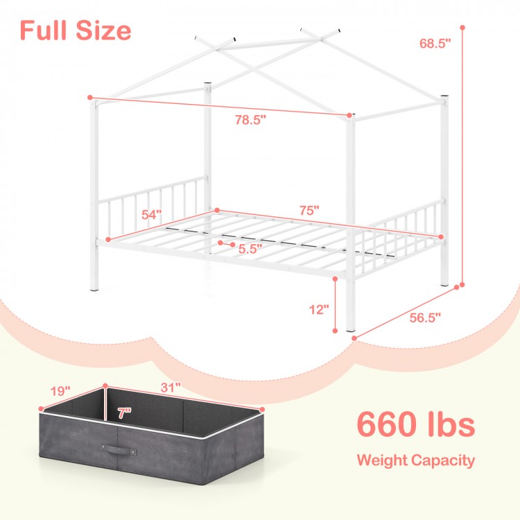 Full size metal house bed in white with dimensions, featuring 2 fabric drawers for kids' room organization.