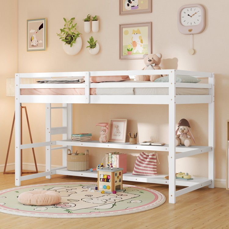 Twin size loft bed in white featuring a cozy reading nook under the bed and spacious storage shelves for organization.