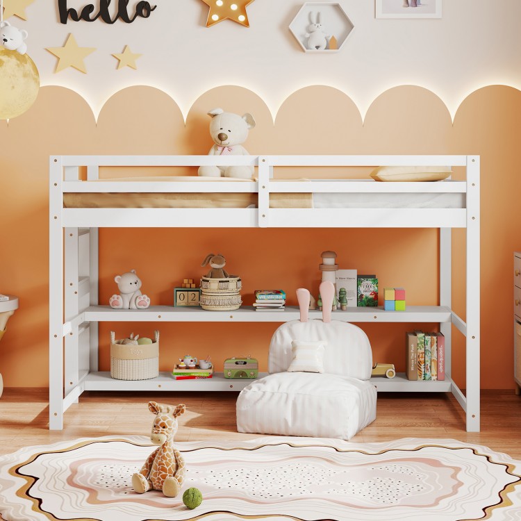 Twin size loft bed in white with storage shelves, full-length guardrails, and sturdy ladder for kids' room organization.