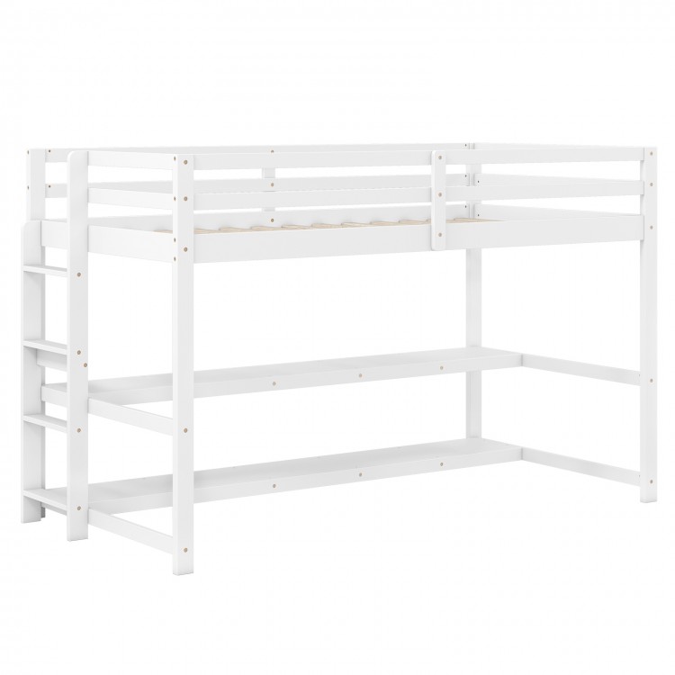 Twin size loft bed in white with storage shelves, full-length guardrails, and sturdy ladder for space-saving.