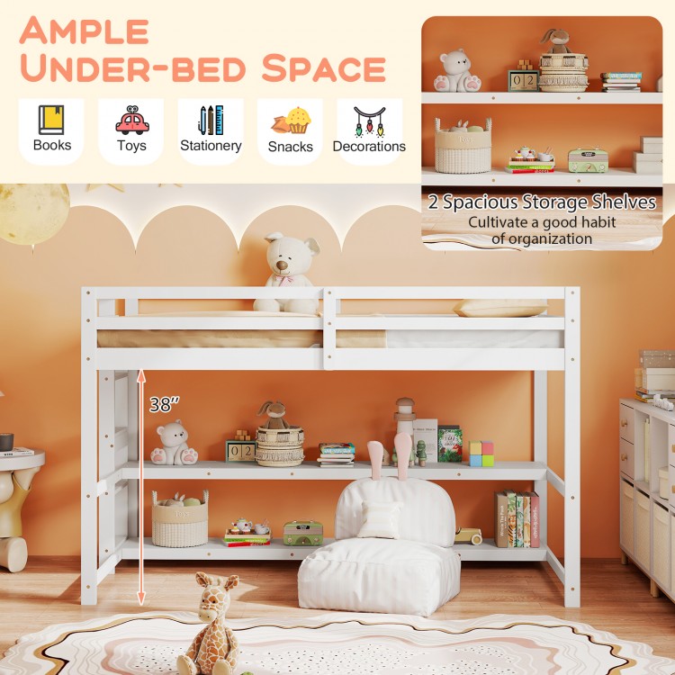 Twin size loft bed in white with storage shelves, full-length guardrails, and a sturdy ladder for space-saving.