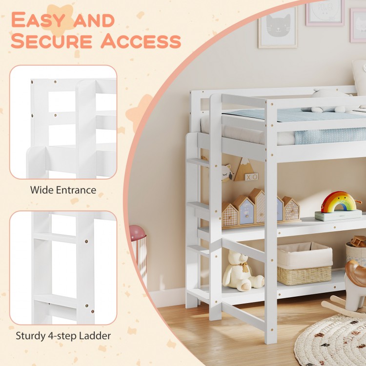 Twin size loft bed in white with sturdy 4-step ladder and storage shelves for organized living space.