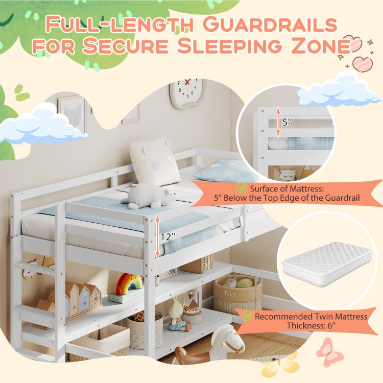 Twin size loft bed in white with full-length guardrails and storage shelves, ideal for maximizing vertical space.