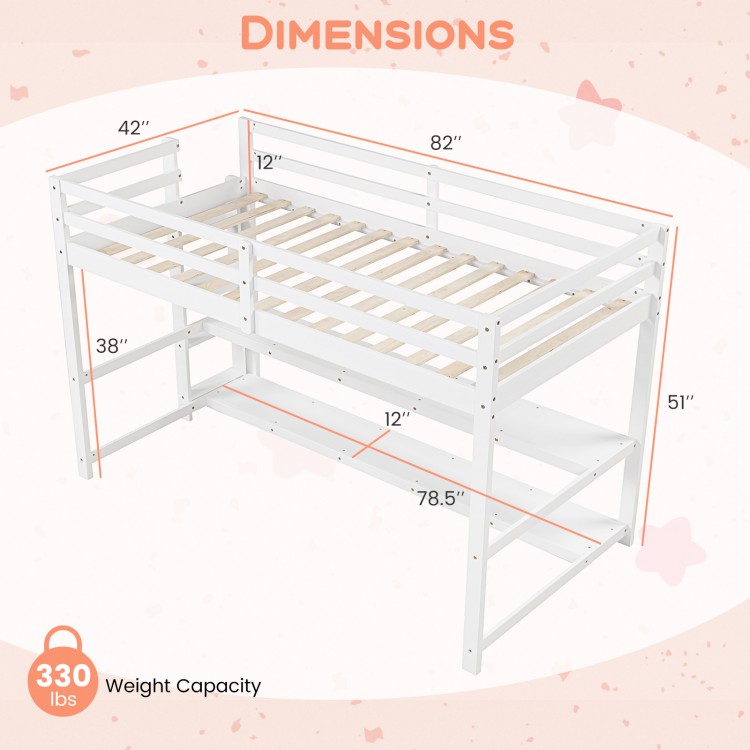 Twin size loft bed with dimensions, featuring solid pine wood, storage shelves, and full-length guardrails for safety.