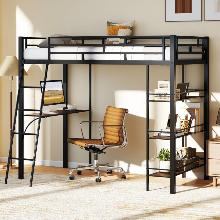 Twin size loft bed in black with integrated desk and shelves, perfect for kids' rooms or small spaces.