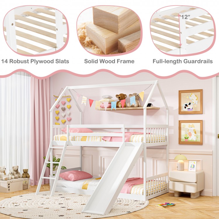 Twin over twin house bunk bed in white with slide, ladder, and full-length guardrails for kids' fun and safety.