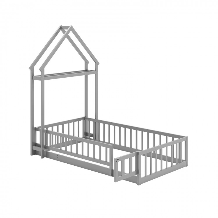 Twin size house floor bed in gray with house-shaped headboard and secure guardrails for kids' room fun and safety.