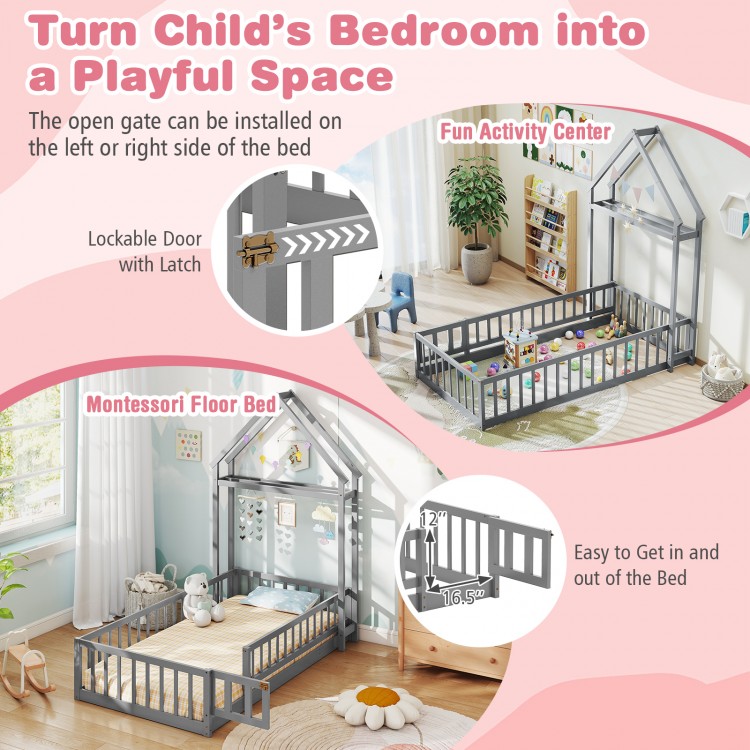 Twin size house floor bed in gray with house-shaped headboard, low-to-ground design for easy access and secure.